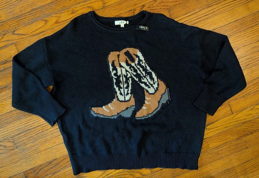 NWT J.O.A. Western Cowgirl Boot Sweater Women's Large Black
